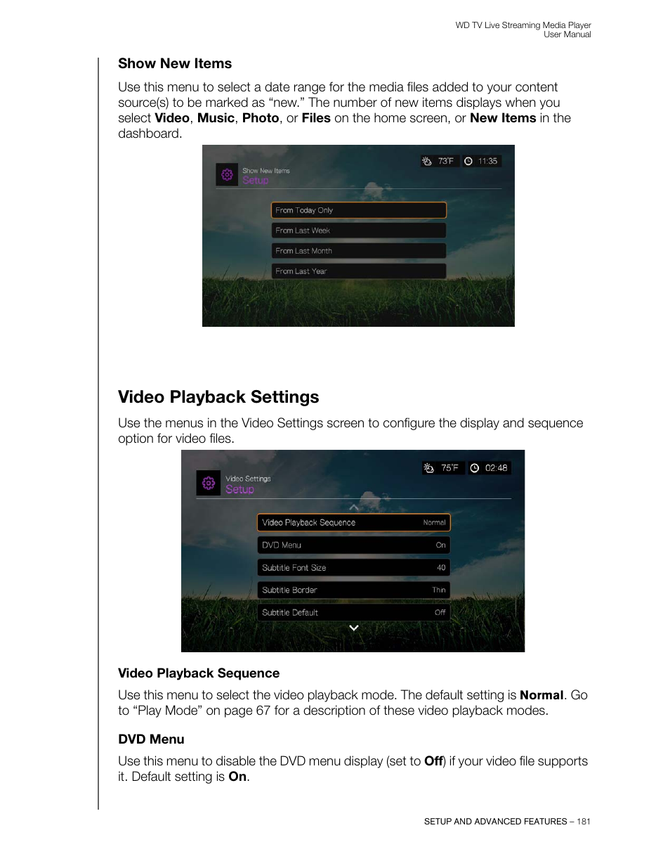 Show new items, Video playback settings, Video playback sequence | Dvd menu | Western Digital WD TV Live Streaming Media Player (Gen 3) User Manual User Manual | Page 186 / 237