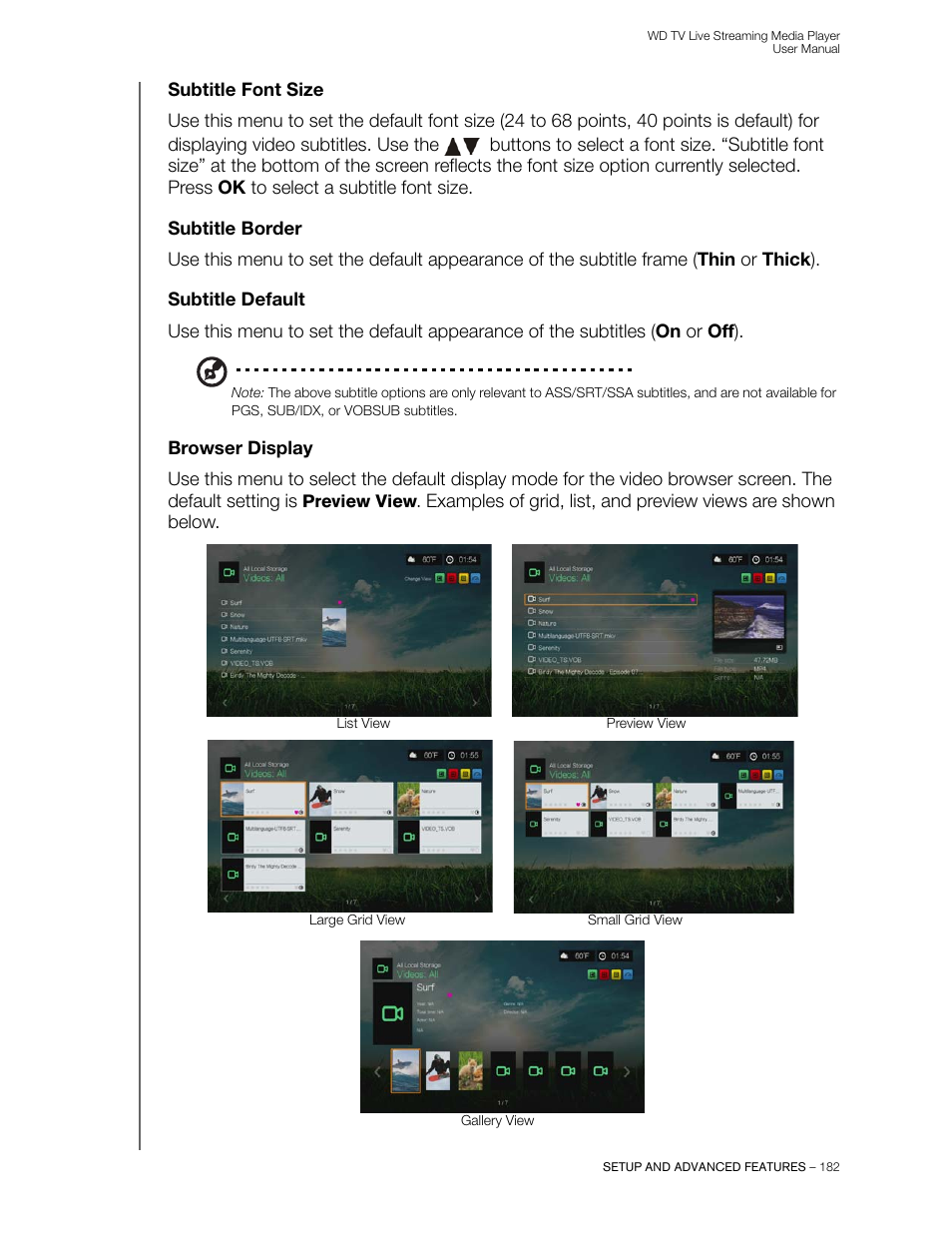 Subtitle font size, Subtitle border, Subtitle default | Browser display | Western Digital WD TV Live Streaming Media Player (Gen 3) User Manual User Manual | Page 187 / 237