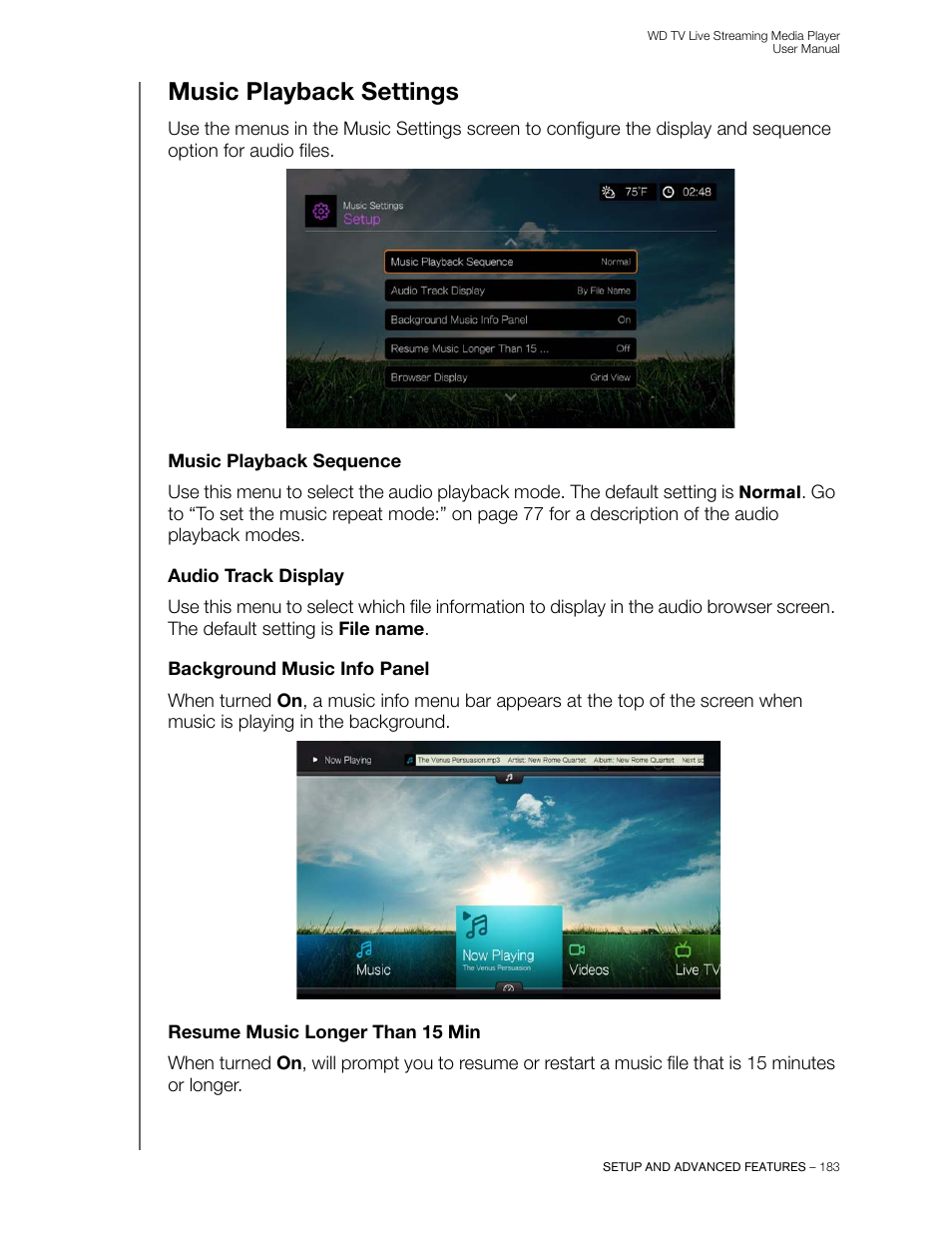 Music playback settings, Music playback sequence, Audio track display | Background music info panel, Resume music longer than 15 min | Western Digital WD TV Live Streaming Media Player (Gen 3) User Manual User Manual | Page 188 / 237