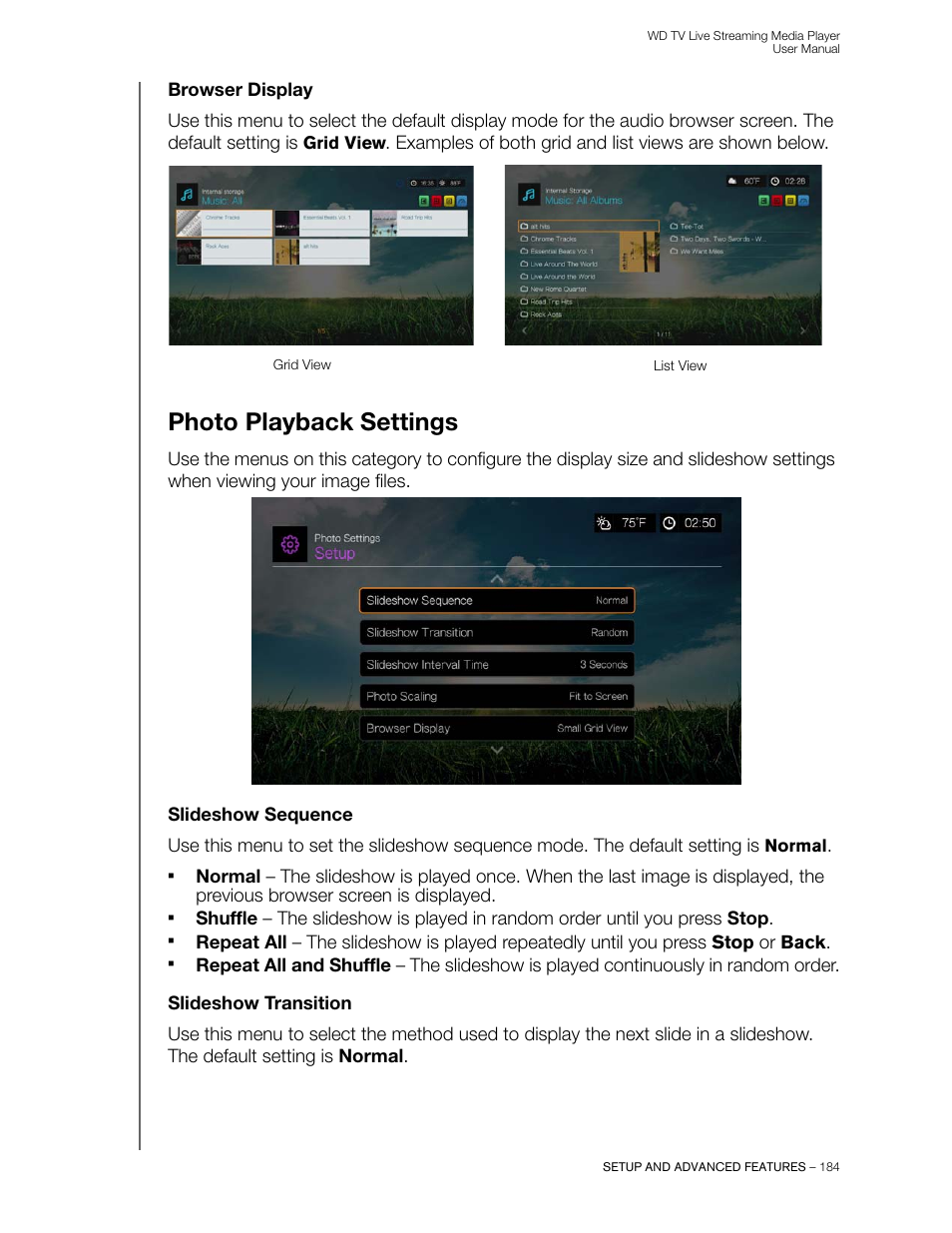 Browser display, Photo playback settings, Slideshow sequence | Slideshow transition | Western Digital WD TV Live Streaming Media Player (Gen 3) User Manual User Manual | Page 189 / 237