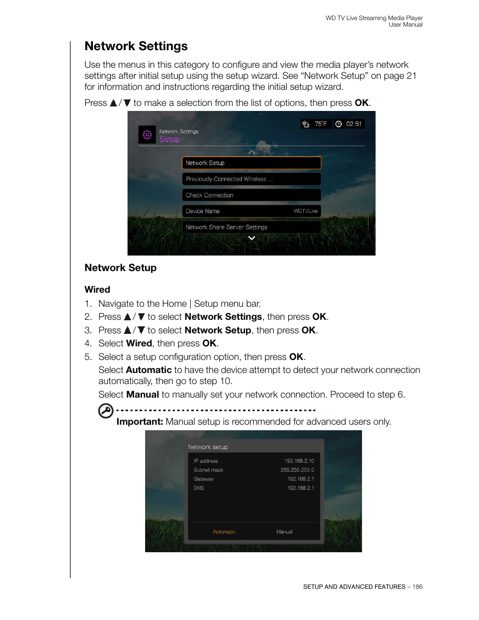 Network settings, Network setup, Wired | Western Digital WD TV Live Streaming Media Player (Gen 3) User Manual User Manual | Page 191 / 237