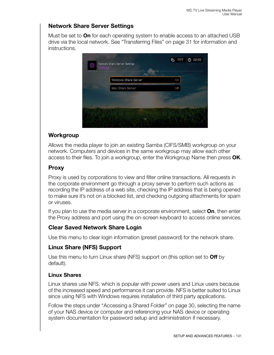 Network share server settings, Workgroup, Proxy | Clear saved network share login, Linux share (nfs) support, Linux shares | Western Digital WD TV Live Streaming Media Player (Gen 3) User Manual User Manual | Page 196 / 237