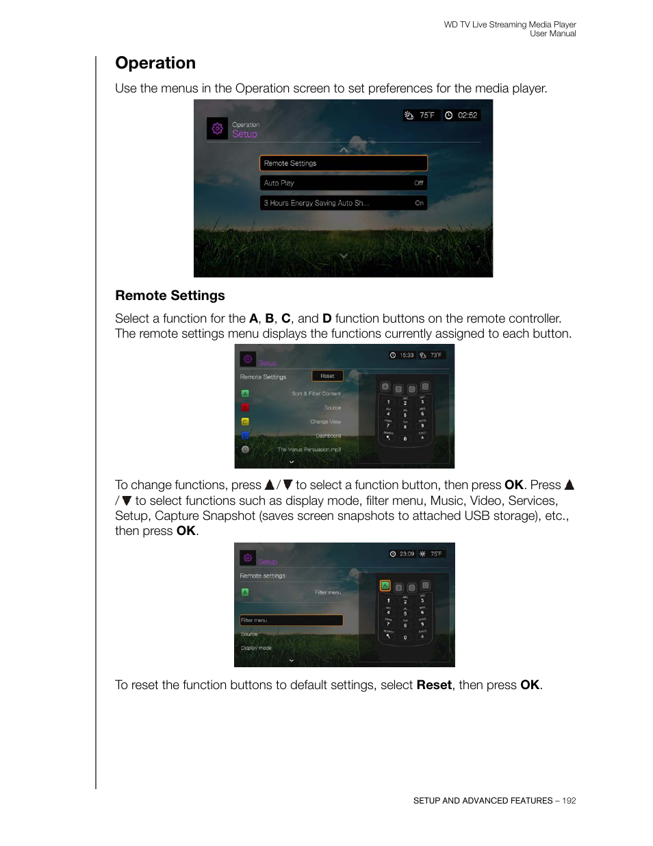 Operation, Remote settings | Western Digital WD TV Live Streaming Media Player (Gen 3) User Manual User Manual | Page 197 / 237