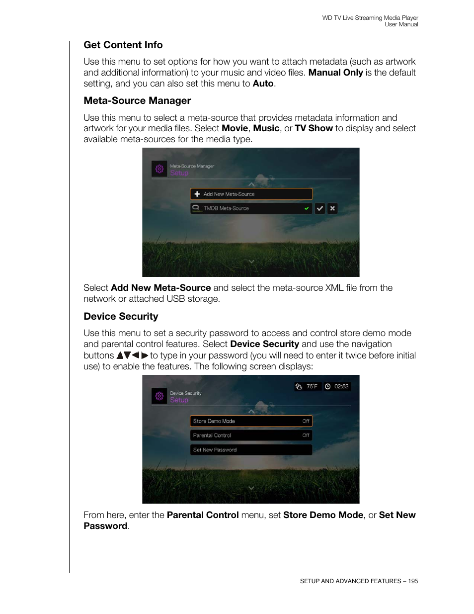 Get content info, Meta-source manager, Device security | Western Digital WD TV Live Streaming Media Player (Gen 3) User Manual User Manual | Page 200 / 237
