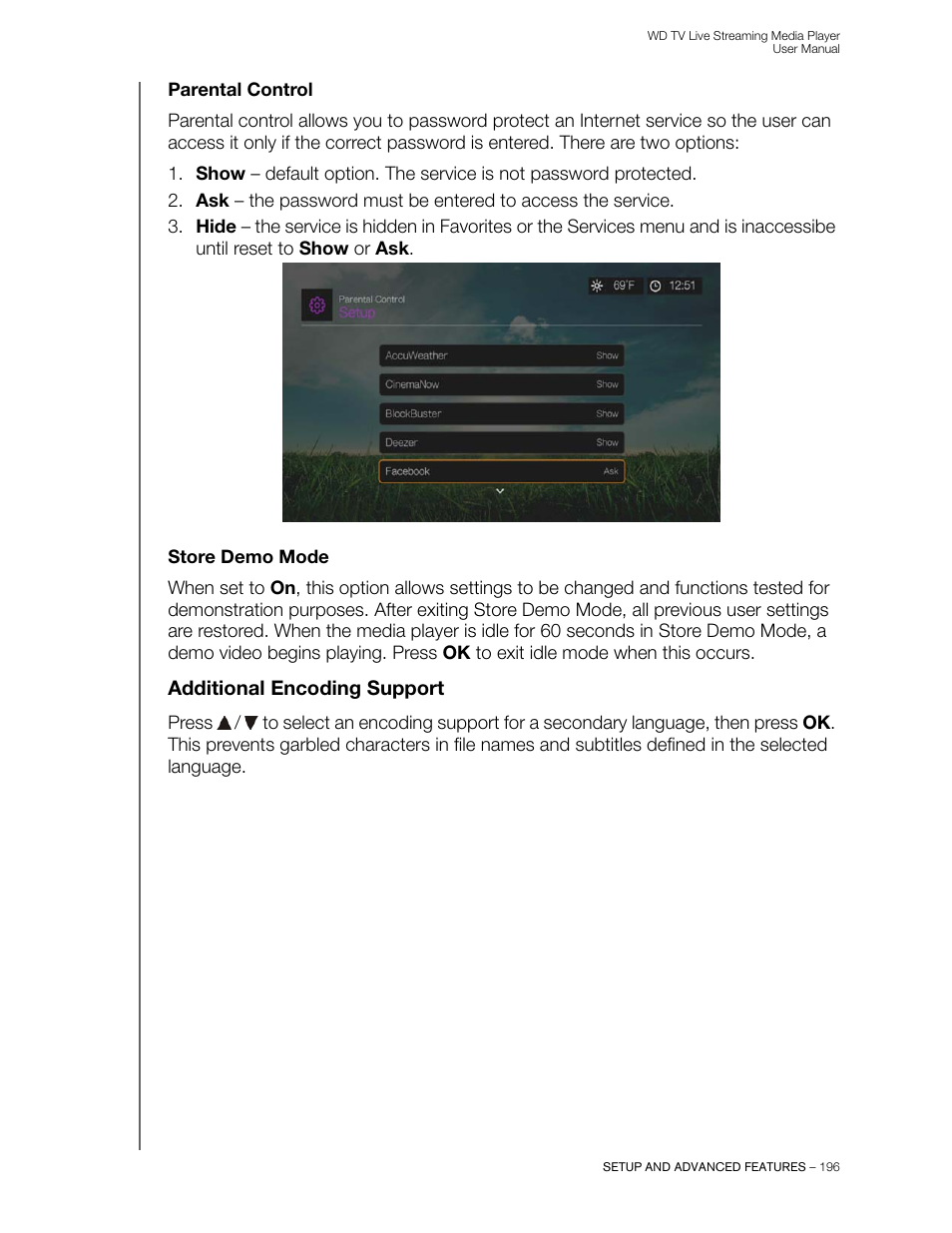 Parental control, Store demo mode, Additional encoding support | Western Digital WD TV Live Streaming Media Player (Gen 3) User Manual User Manual | Page 201 / 237