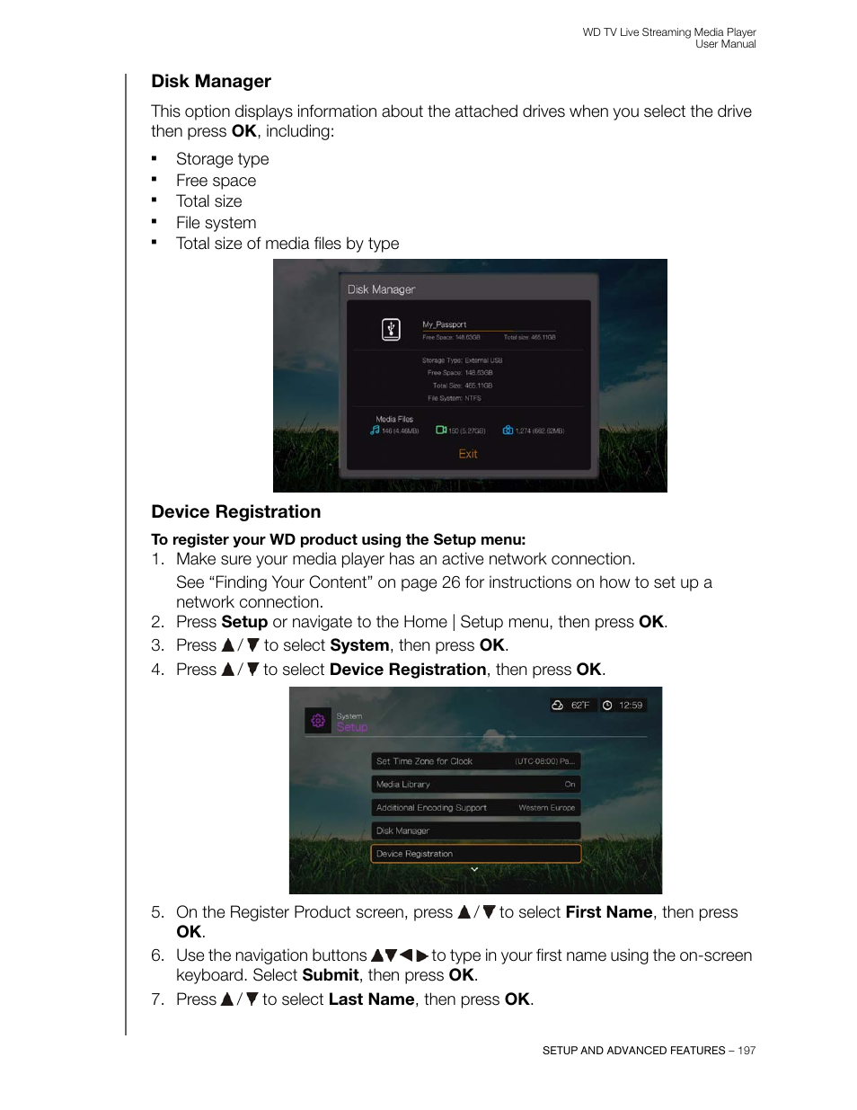 Disk manager, Device registration | Western Digital WD TV Live Streaming Media Player (Gen 3) User Manual User Manual | Page 202 / 237