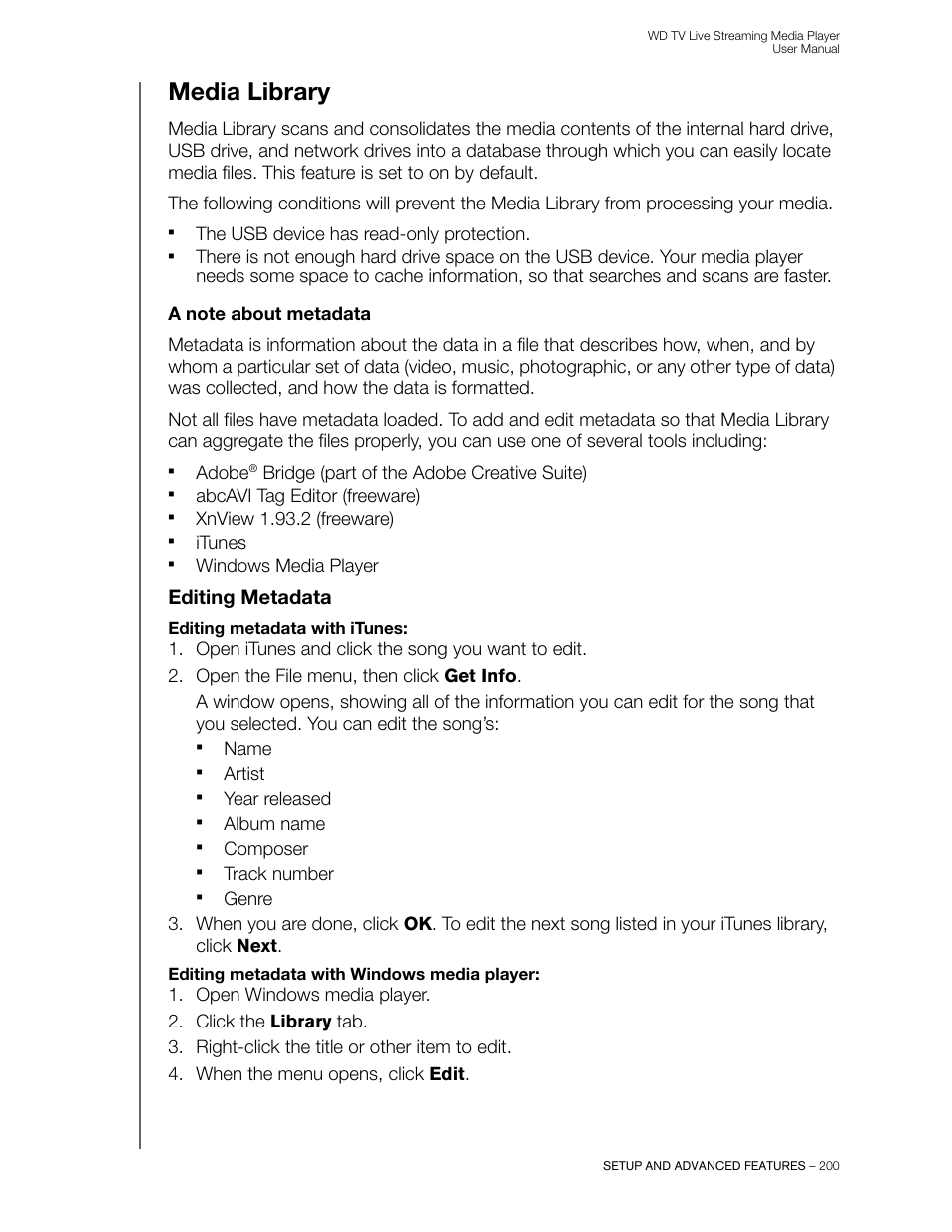 Media library, A note about metadata, Editing metadata | Western Digital WD TV Live Streaming Media Player (Gen 3) User Manual User Manual | Page 205 / 237