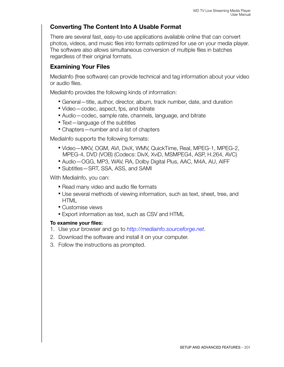 Converting the content into a usable format, Examining your files | Western Digital WD TV Live Streaming Media Player (Gen 3) User Manual User Manual | Page 206 / 237