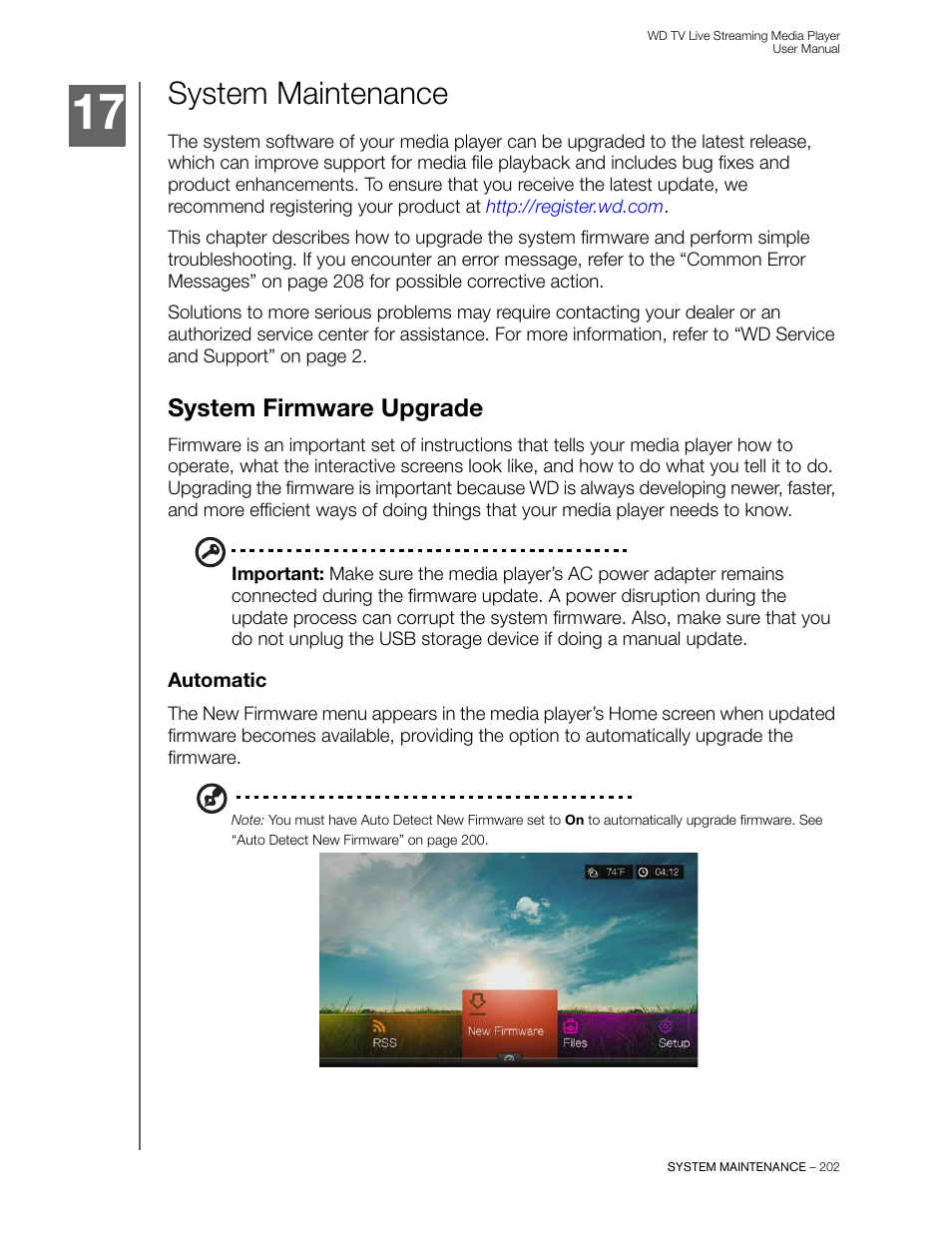 System maintenance, System firmware upgrade, Automatic | Western Digital WD TV Live Streaming Media Player (Gen 3) User Manual User Manual | Page 207 / 237