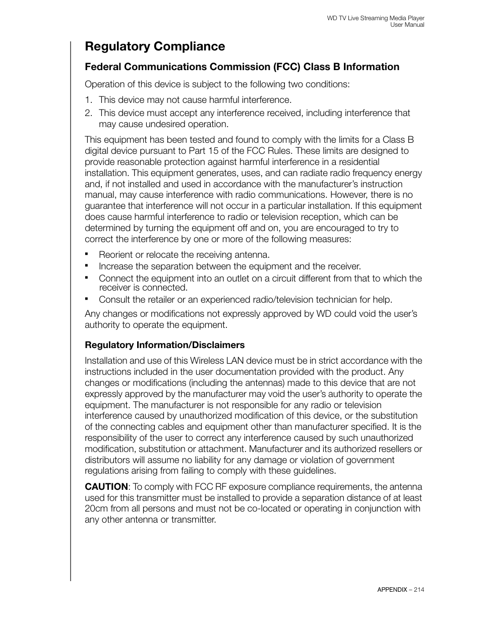 Regulatory compliance, Regulatory information/disclaimers | Western Digital WD TV Live Streaming Media Player (Gen 3) User Manual User Manual | Page 219 / 237