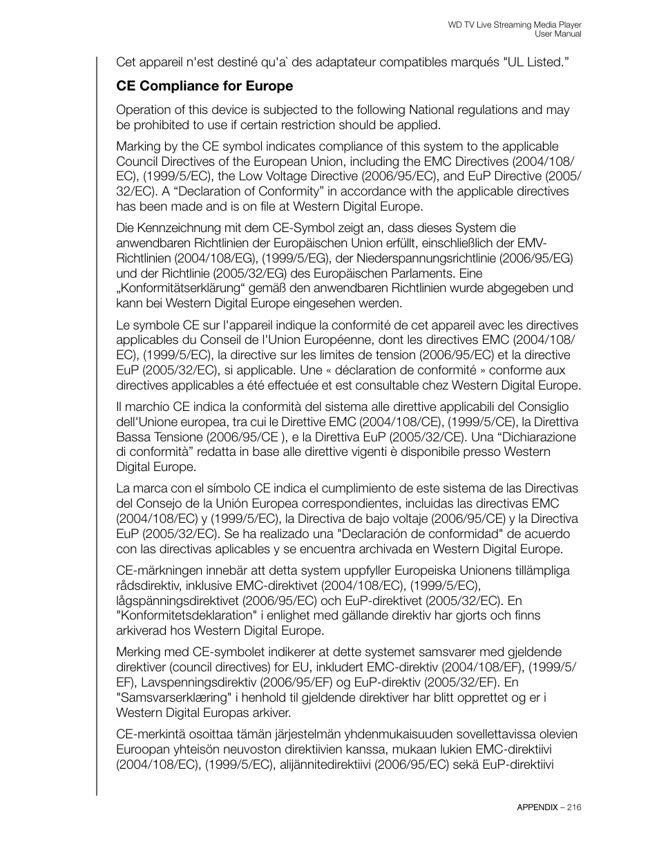 Ce compliance for europe | Western Digital WD TV Live Streaming Media Player (Gen 3) User Manual User Manual | Page 221 / 237