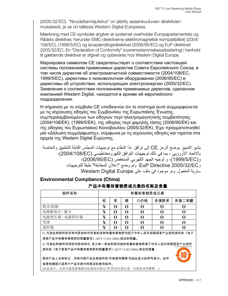 Environmental compliance (china) | Western Digital WD TV Live Streaming Media Player (Gen 3) User Manual User Manual | Page 222 / 237