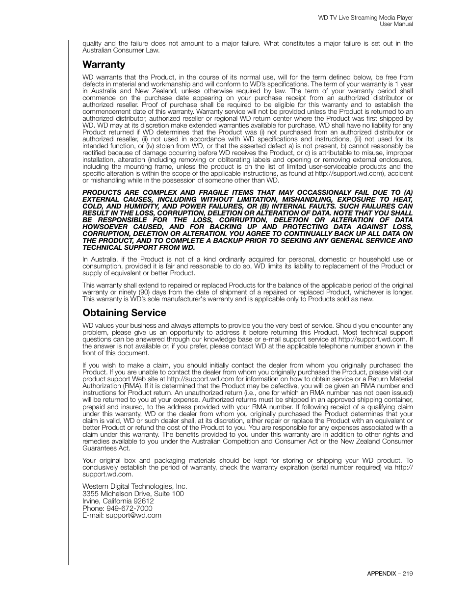 Warranty, Obtaining service | Western Digital WD TV Live Streaming Media Player (Gen 3) User Manual User Manual | Page 224 / 237