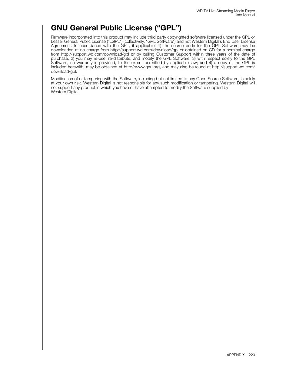 Gnu general public license (“gpl”) | Western Digital WD TV Live Streaming Media Player (Gen 3) User Manual User Manual | Page 225 / 237