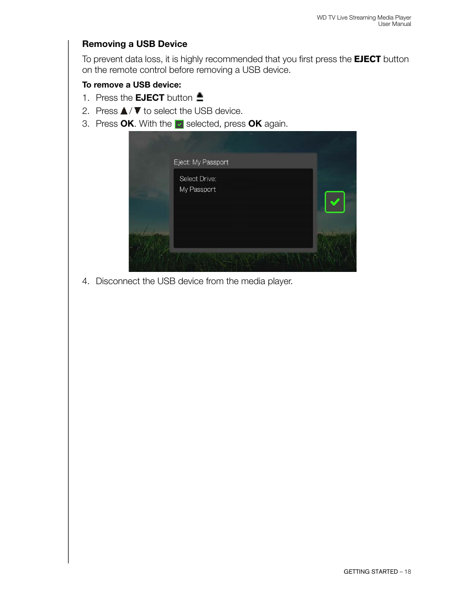Removing a usb device | Western Digital WD TV Live Streaming Media Player (Gen 3) User Manual User Manual | Page 23 / 237