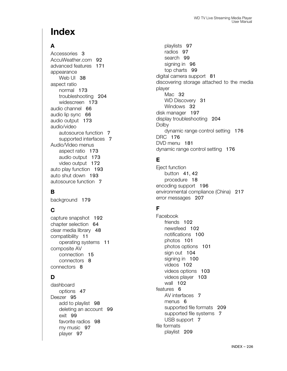 Index | Western Digital WD TV Live Streaming Media Player (Gen 3) User Manual User Manual | Page 231 / 237
