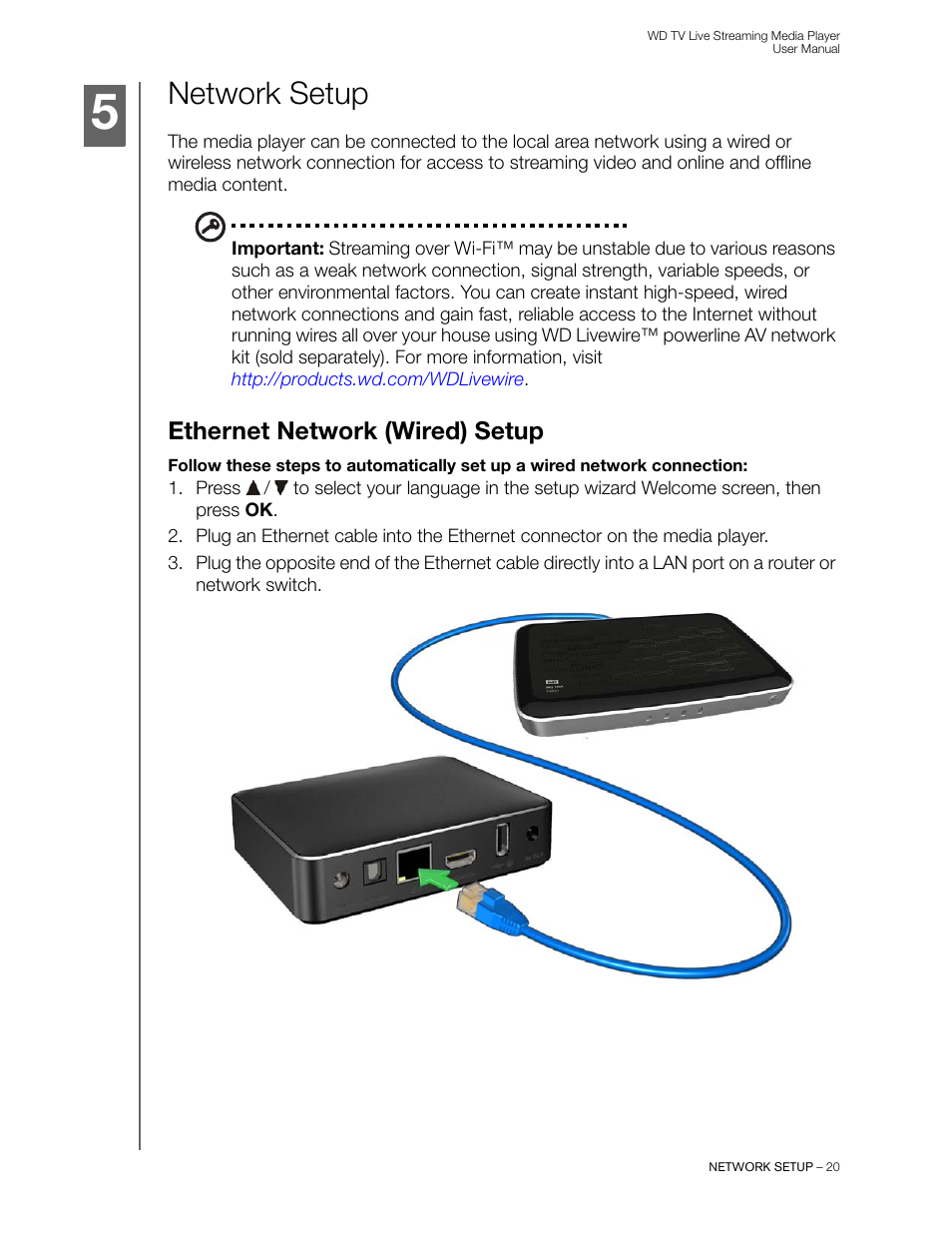 Network setup, Ethernet network (wired) setup | Western Digital WD TV Live Streaming Media Player (Gen 3) User Manual User Manual | Page 25 / 237