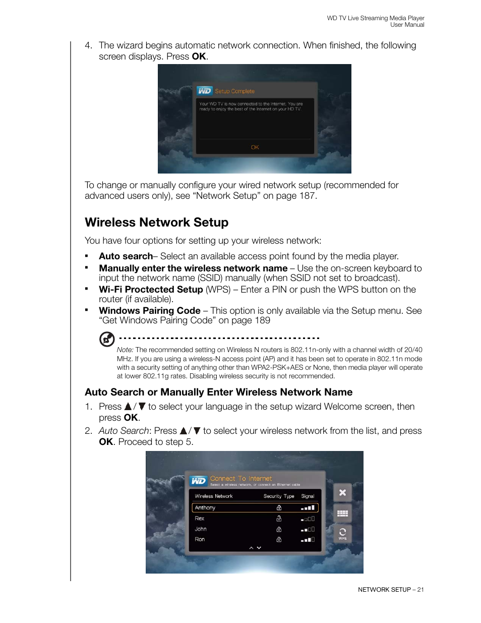 Wireless network setup | Western Digital WD TV Live Streaming Media Player (Gen 3) User Manual User Manual | Page 26 / 237