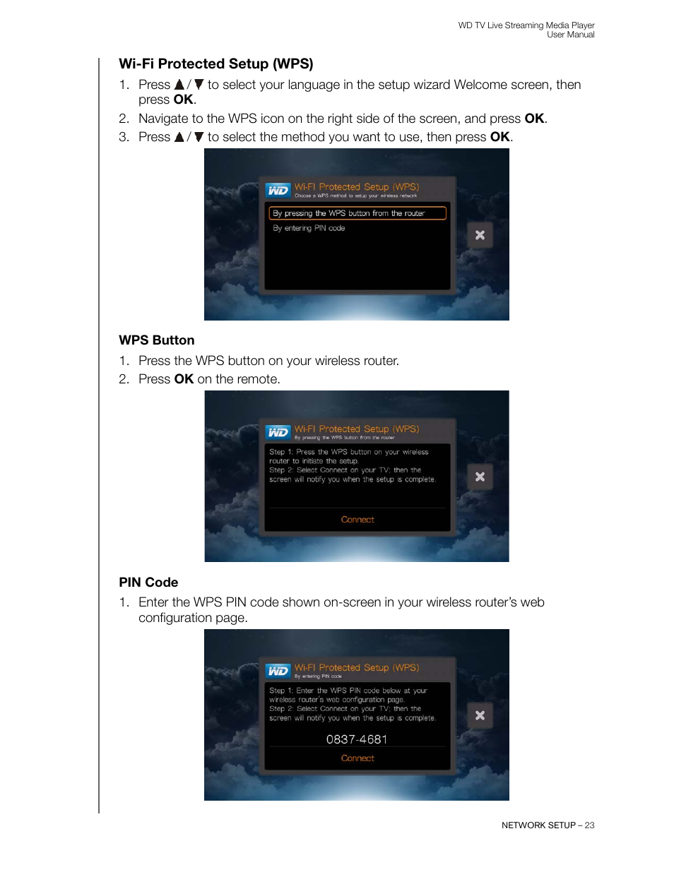 Wi-fi protected setup (wps), Wps button, Pin code | Western Digital WD TV Live Streaming Media Player (Gen 3) User Manual User Manual | Page 28 / 237