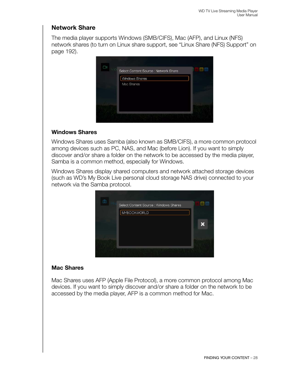 Network share, Windows shares, Mac shares | Western Digital WD TV Live Streaming Media Player (Gen 3) User Manual User Manual | Page 33 / 237