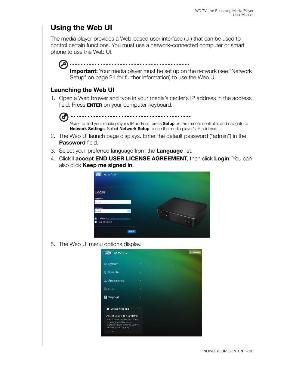 Using the web ui, Launching the web ui | Western Digital WD TV Live Streaming Media Player (Gen 3) User Manual User Manual | Page 41 / 237