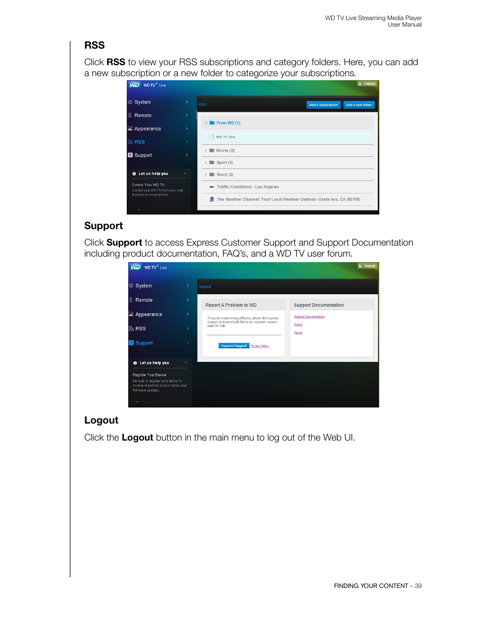 Support, Logout | Western Digital WD TV Live Streaming Media Player (Gen 3) User Manual User Manual | Page 44 / 237