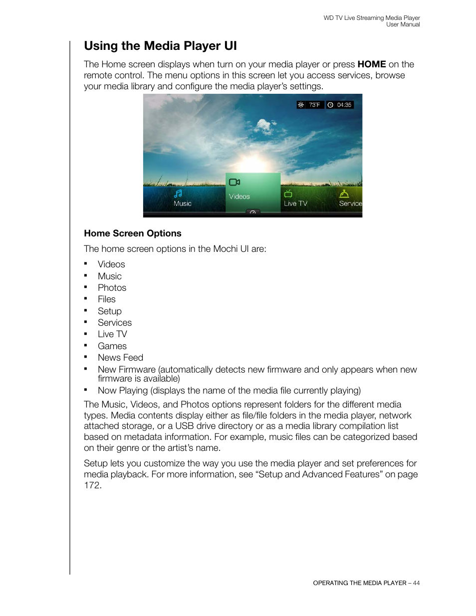Using the media player ui, Home screen options, Videos | Music, Photos, Files, Setup, Services, Live tv, Games | Western Digital WD TV Live Streaming Media Player (Gen 3) User Manual User Manual | Page 49 / 237