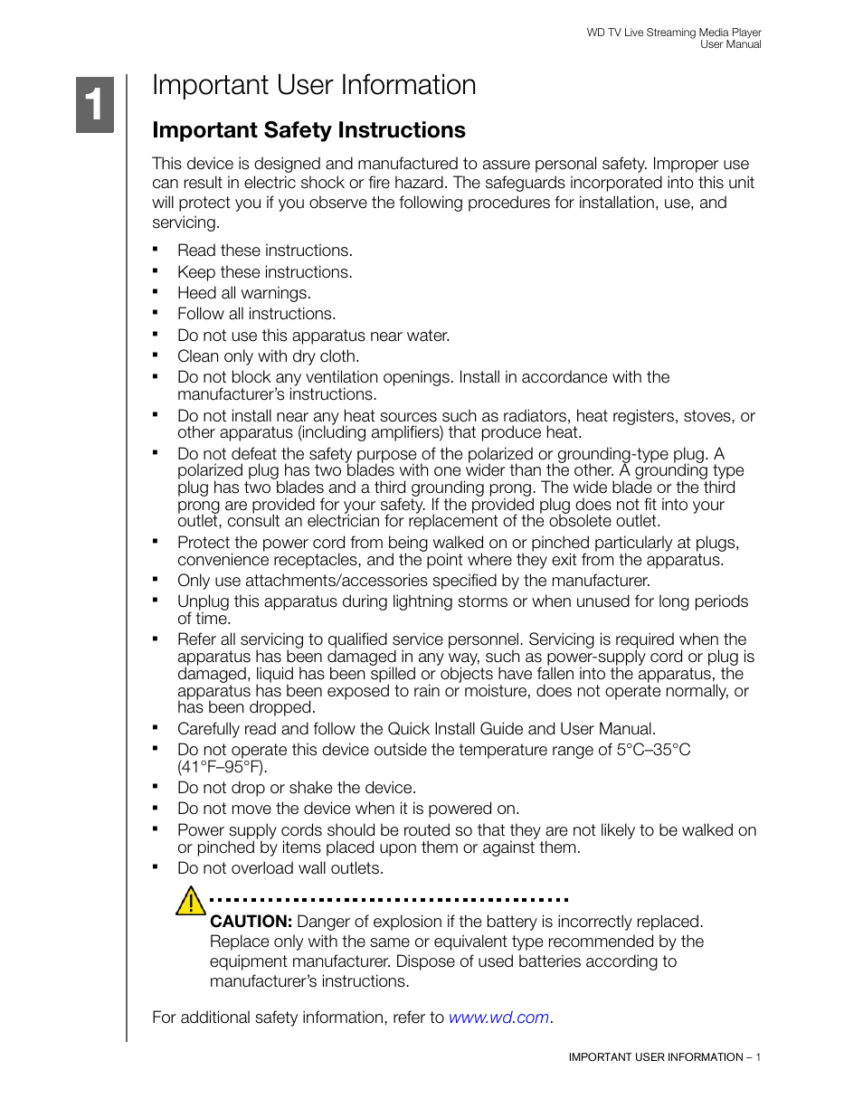 Important user information, Important safety instructions | Western Digital WD TV Live Streaming Media Player (Gen 3) User Manual User Manual | Page 6 / 237