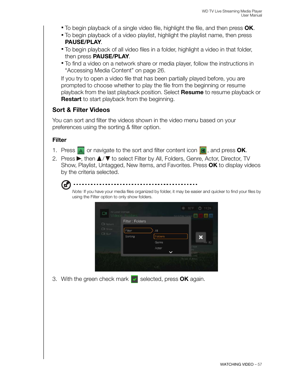 Sort & filter videos, Filter | Western Digital WD TV Live Streaming Media Player (Gen 3) User Manual User Manual | Page 62 / 237