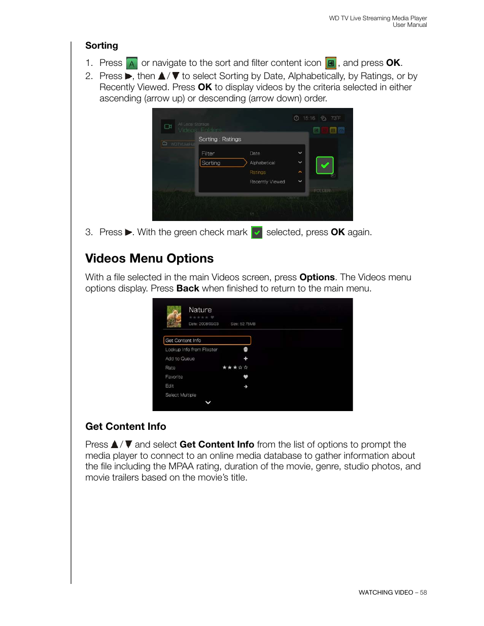Sorting, Videos menu options, Get content info | Western Digital WD TV Live Streaming Media Player (Gen 3) User Manual User Manual | Page 63 / 237