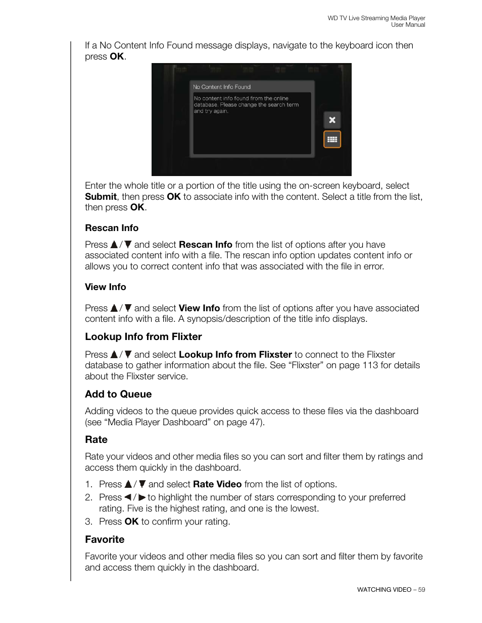Rescan info, View info, Lookup info from flixter | Add to queue, Rate, Favorite | Western Digital WD TV Live Streaming Media Player (Gen 3) User Manual User Manual | Page 64 / 237