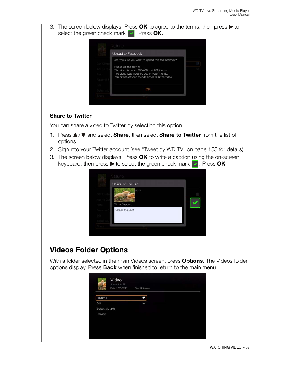 Share to twitter, Videos folder options | Western Digital WD TV Live Streaming Media Player (Gen 3) User Manual User Manual | Page 67 / 237