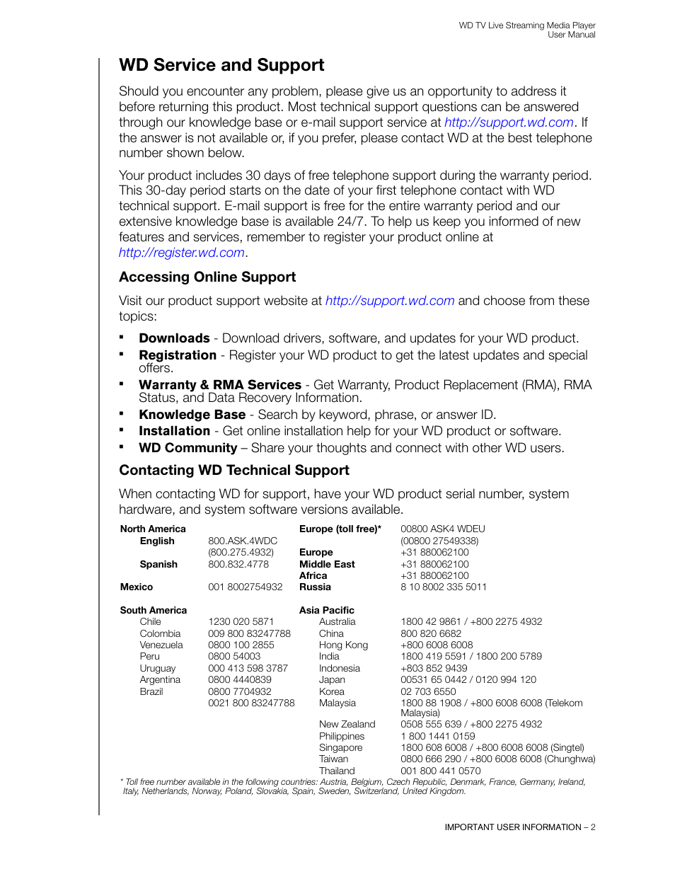Wd service and support, Accessing online support, Contacting wd technical support | Western Digital WD TV Live Streaming Media Player (Gen 3) User Manual User Manual | Page 7 / 237