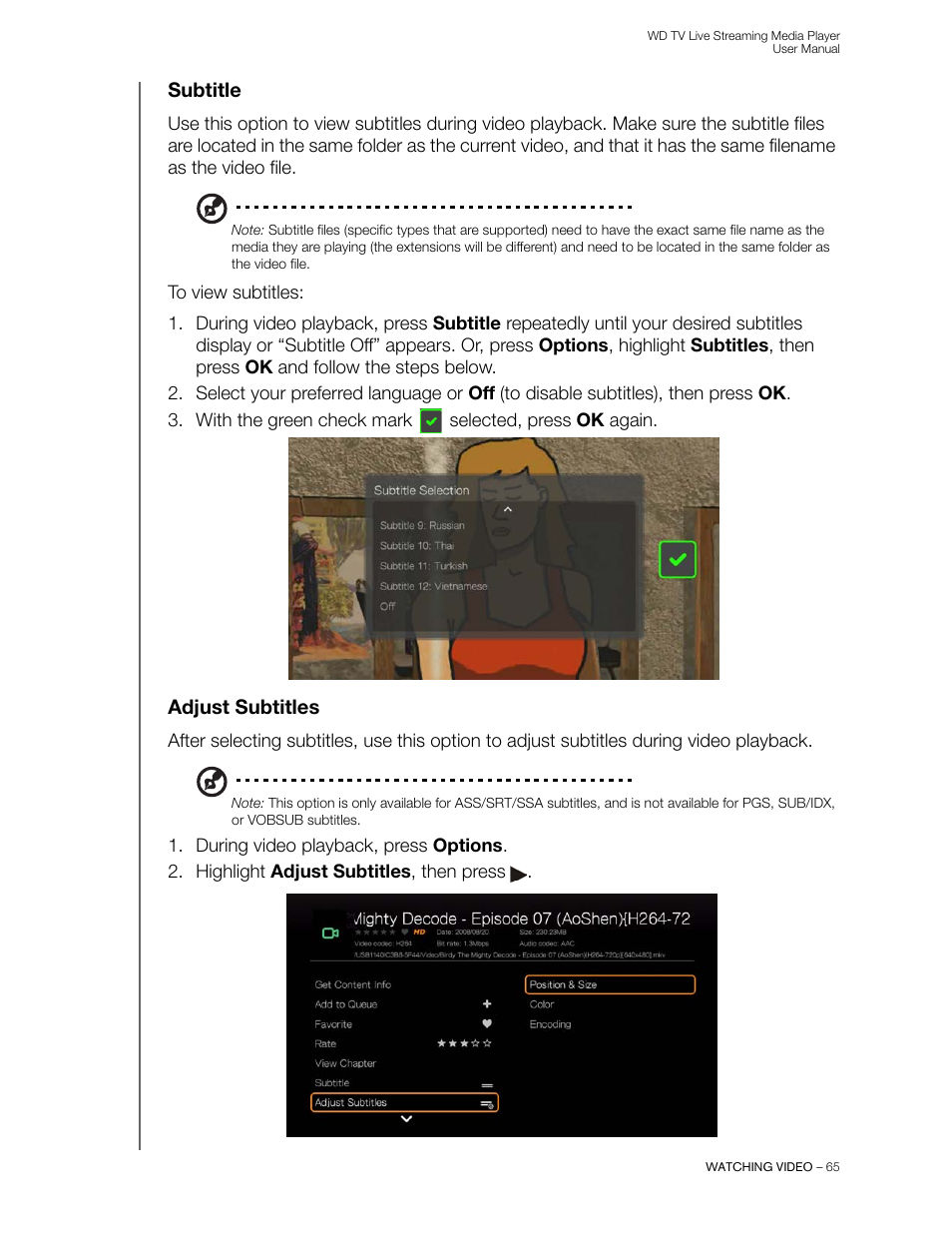 Subtitle, Adjust subtitles | Western Digital WD TV Live Streaming Media Player (Gen 3) User Manual User Manual | Page 70 / 237
