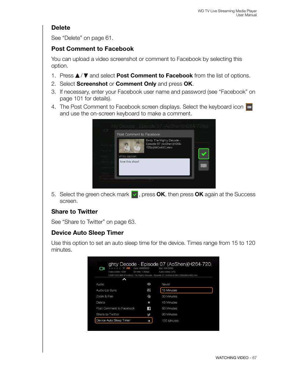 Delete, Post comment to facebook, Share to twitter | Device auto sleep timer | Western Digital WD TV Live Streaming Media Player (Gen 3) User Manual User Manual | Page 72 / 237