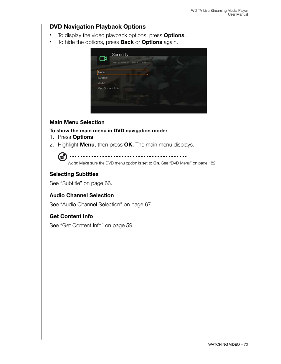 Dvd navigation playback options, Main menu selection, Selecting subtitles | Audio channel selection, Get content info | Western Digital WD TV Live Streaming Media Player (Gen 3) User Manual User Manual | Page 75 / 237