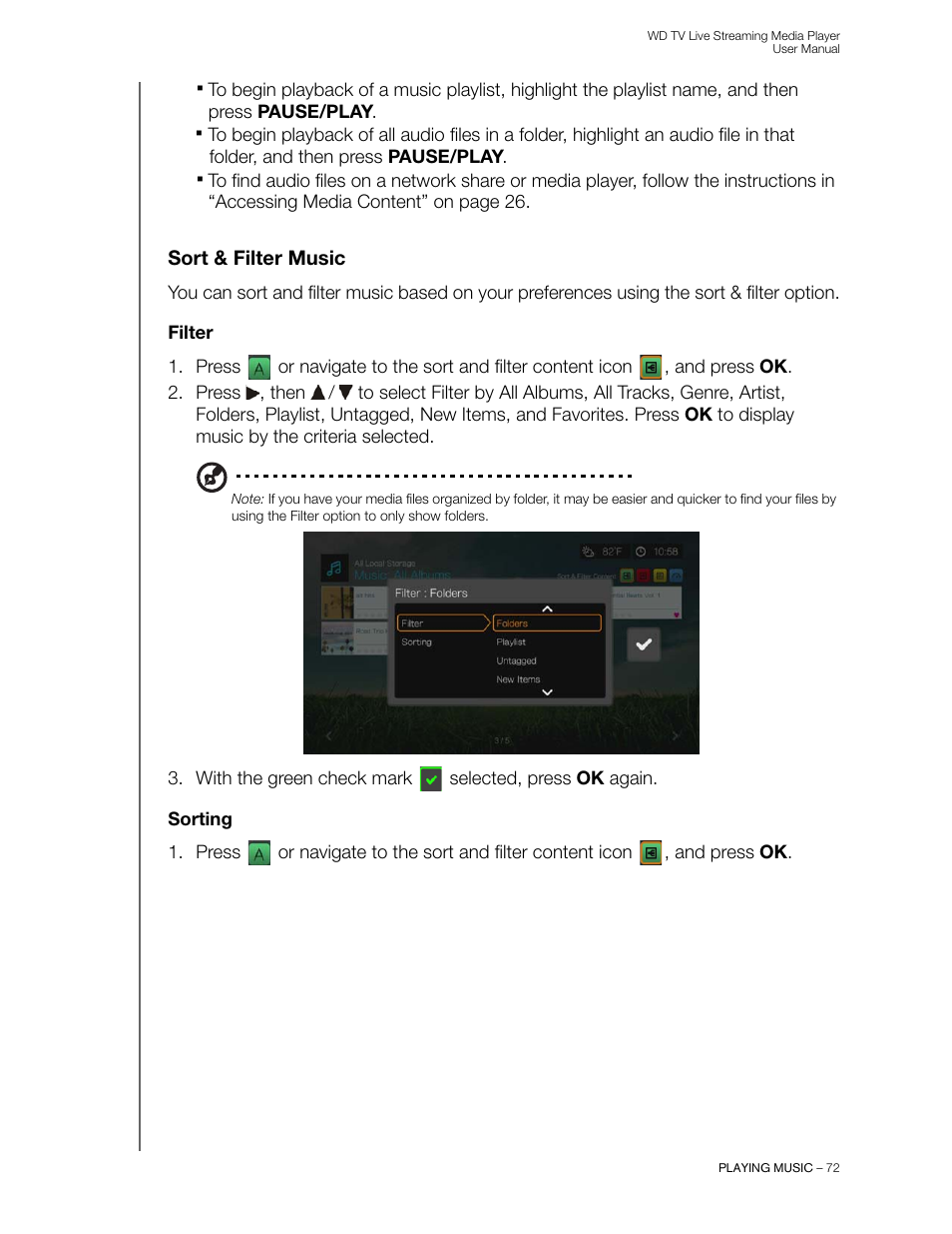 Sort & filter music, Filter, Sorting | Western Digital WD TV Live Streaming Media Player (Gen 3) User Manual User Manual | Page 77 / 237
