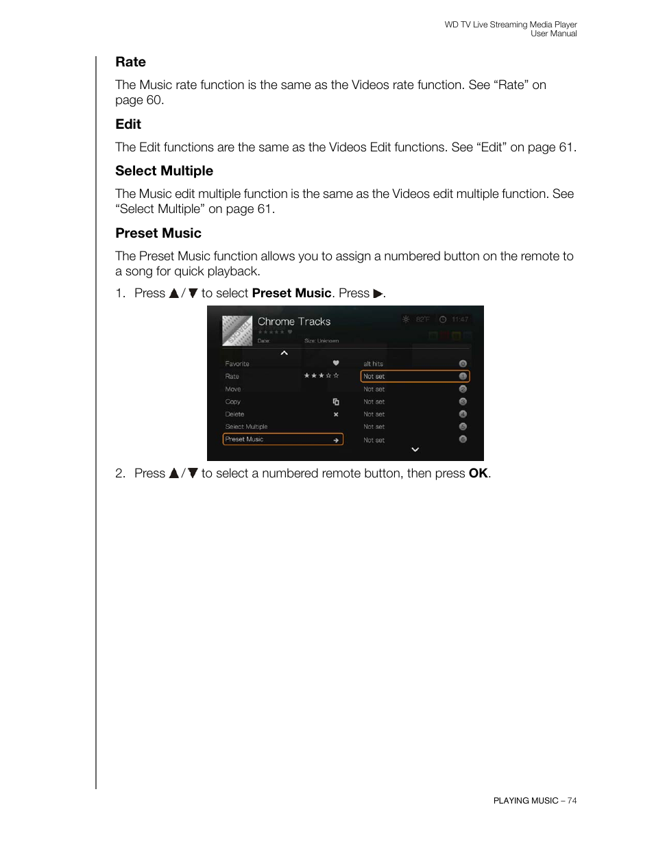 Rate, Edit, Select multiple | Preset music | Western Digital WD TV Live Streaming Media Player (Gen 3) User Manual User Manual | Page 79 / 237