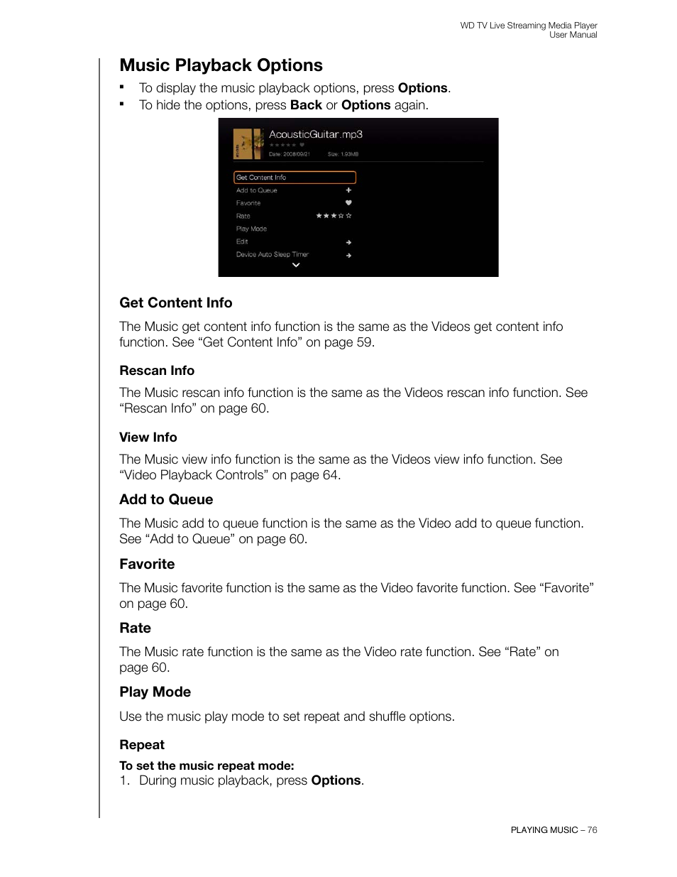 Music playback options, Get content info, Rescan info | View info, Add to queue, Favorite, Rate, Play mode, Repeat | Western Digital WD TV Live Streaming Media Player (Gen 3) User Manual User Manual | Page 81 / 237