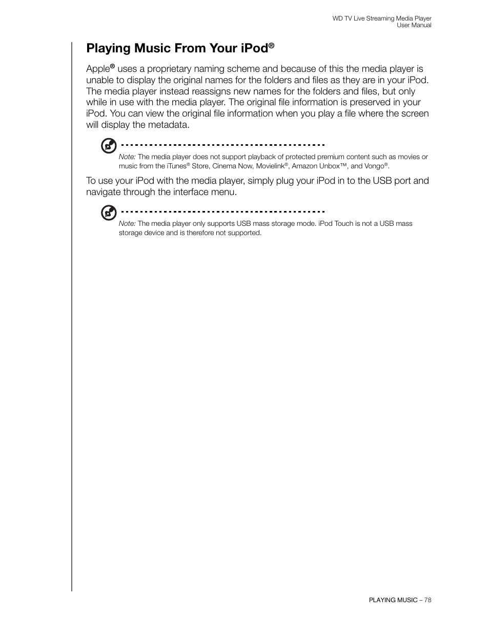 Playing music from your ipod, Apple | Western Digital WD TV Live Streaming Media Player (Gen 3) User Manual User Manual | Page 83 / 237
