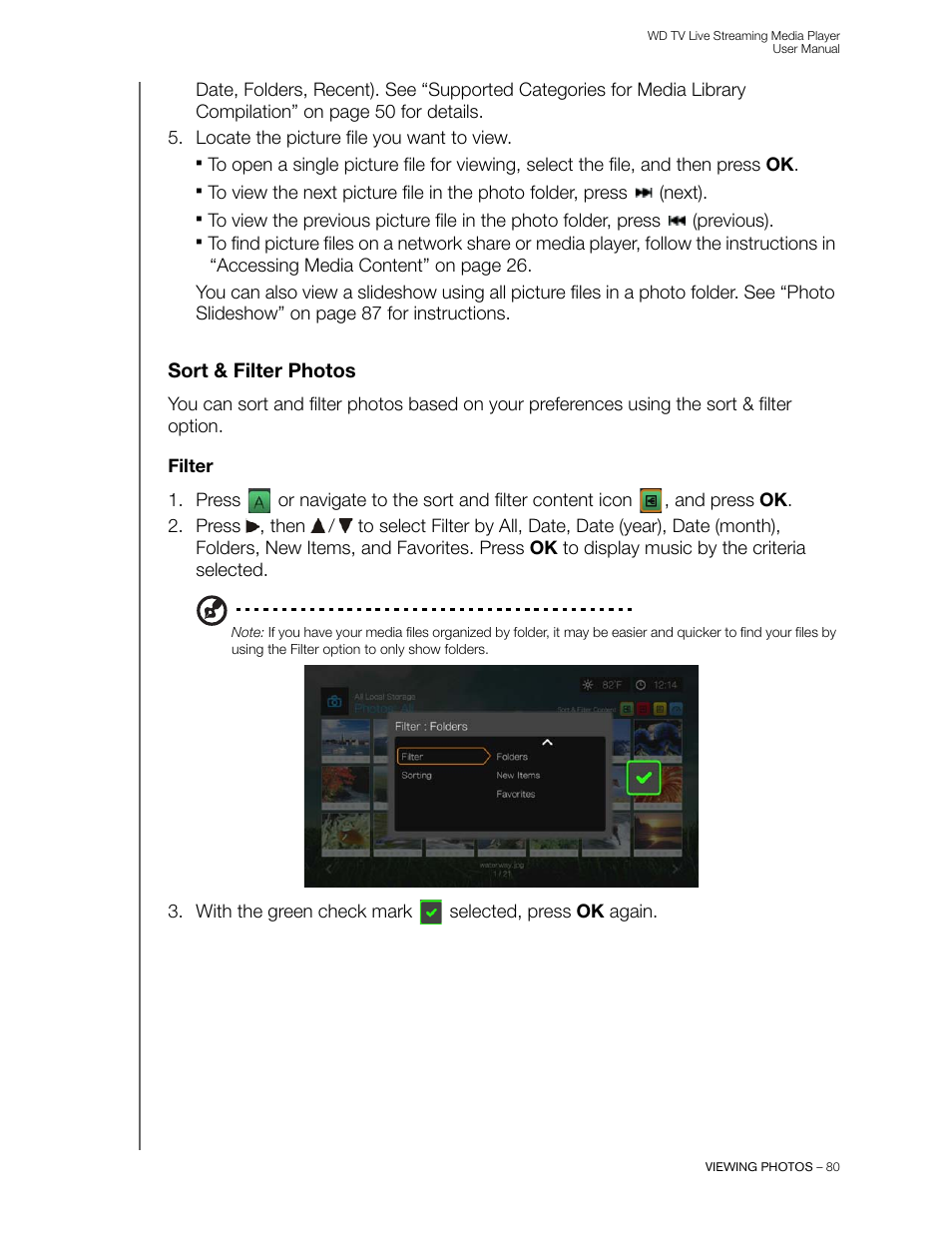 Sort & filter photos, Filter | Western Digital WD TV Live Streaming Media Player (Gen 3) User Manual User Manual | Page 85 / 237