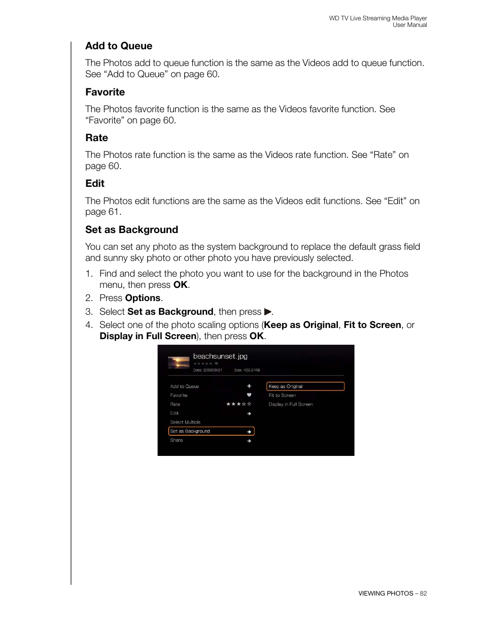 Add to queue, Favorite, Rate | Edit, Set as background | Western Digital WD TV Live Streaming Media Player (Gen 3) User Manual User Manual | Page 87 / 237