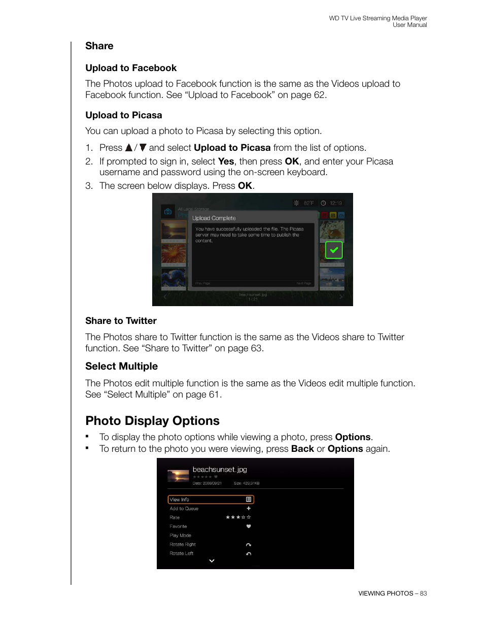Share, Upload to facebook, Upload to picasa | Share to twitter, Select multiple, Photo display options | Western Digital WD TV Live Streaming Media Player (Gen 3) User Manual User Manual | Page 88 / 237