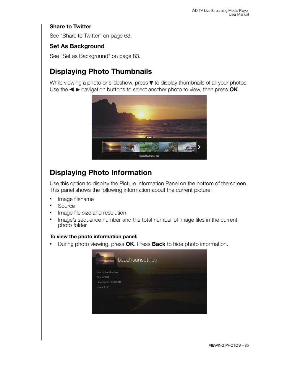 Share to twitter, Set as background, Displaying photo thumbnails | Displaying photo information | Western Digital WD TV Live Streaming Media Player (Gen 3) User Manual User Manual | Page 90 / 237