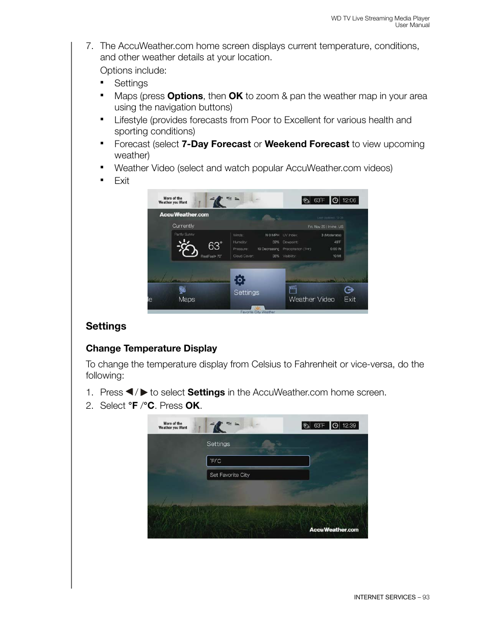 Settings, Change temperature display | Western Digital WD TV Live Streaming Media Player (Gen 3) User Manual User Manual | Page 98 / 237
