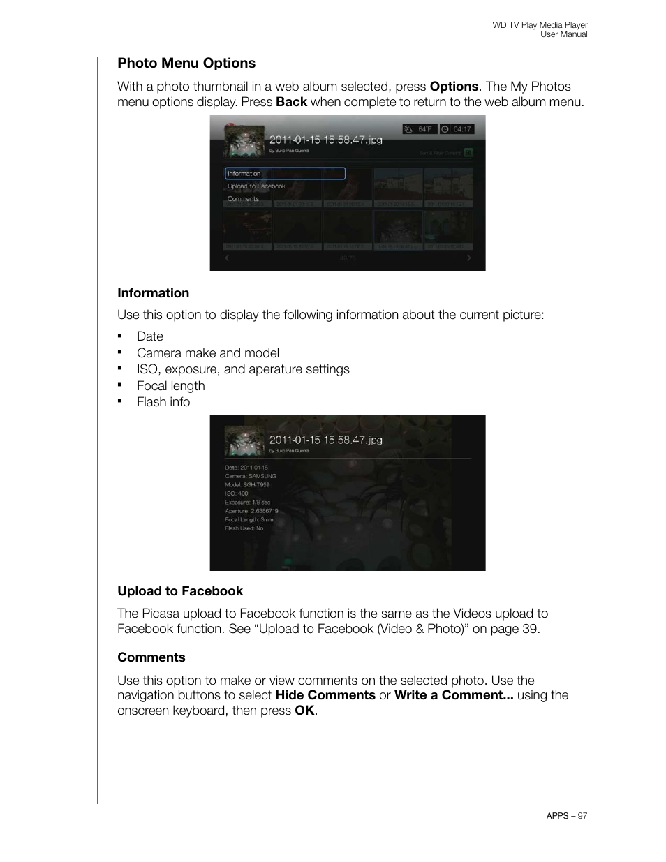 Photo menu options, Information, Upload to facebook | Comments | Western Digital WD TV Play Media Player User Manual User Manual | Page 102 / 171