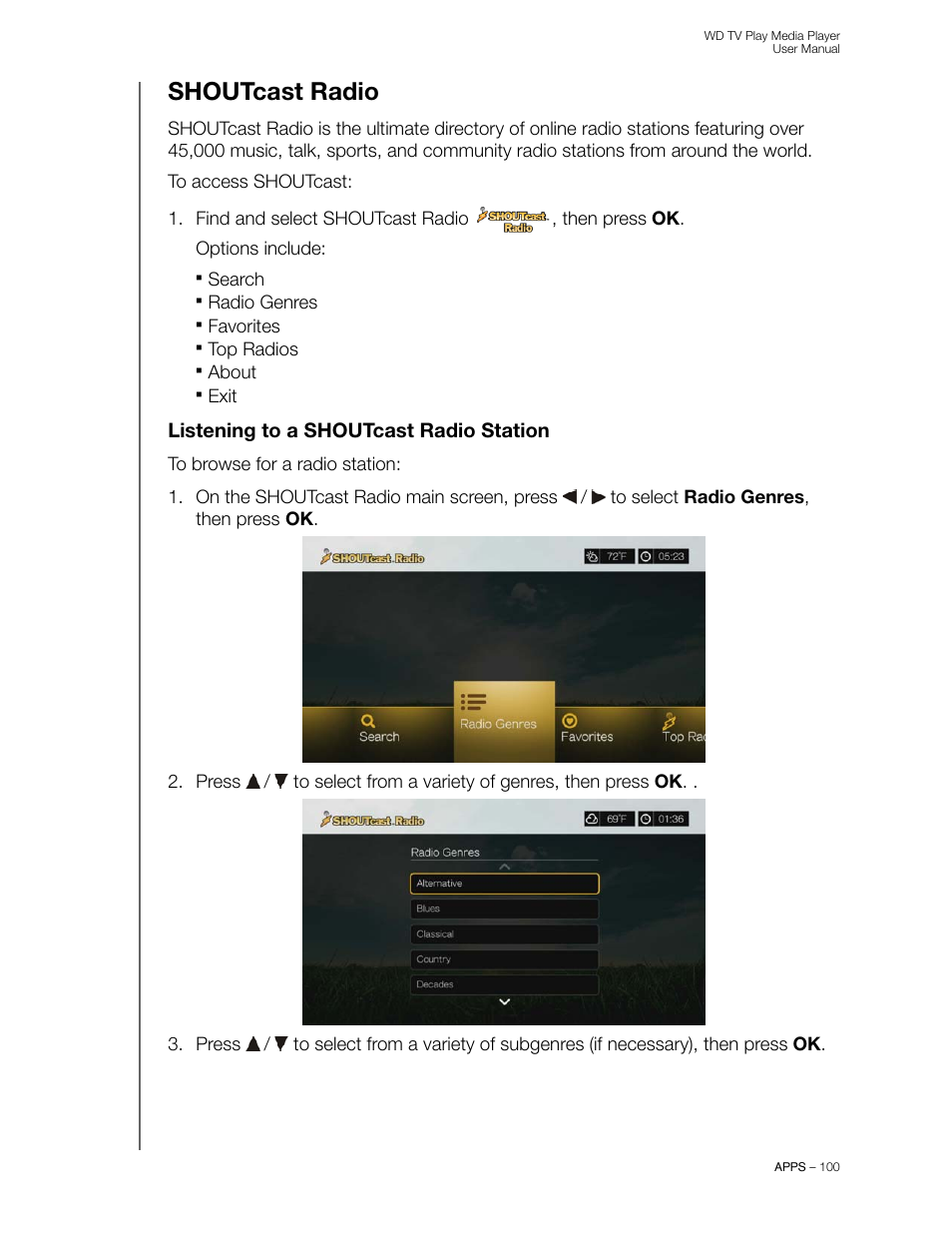 Shoutcast radio, Listening to a shoutcast radio station | Western Digital WD TV Play Media Player User Manual User Manual | Page 105 / 171