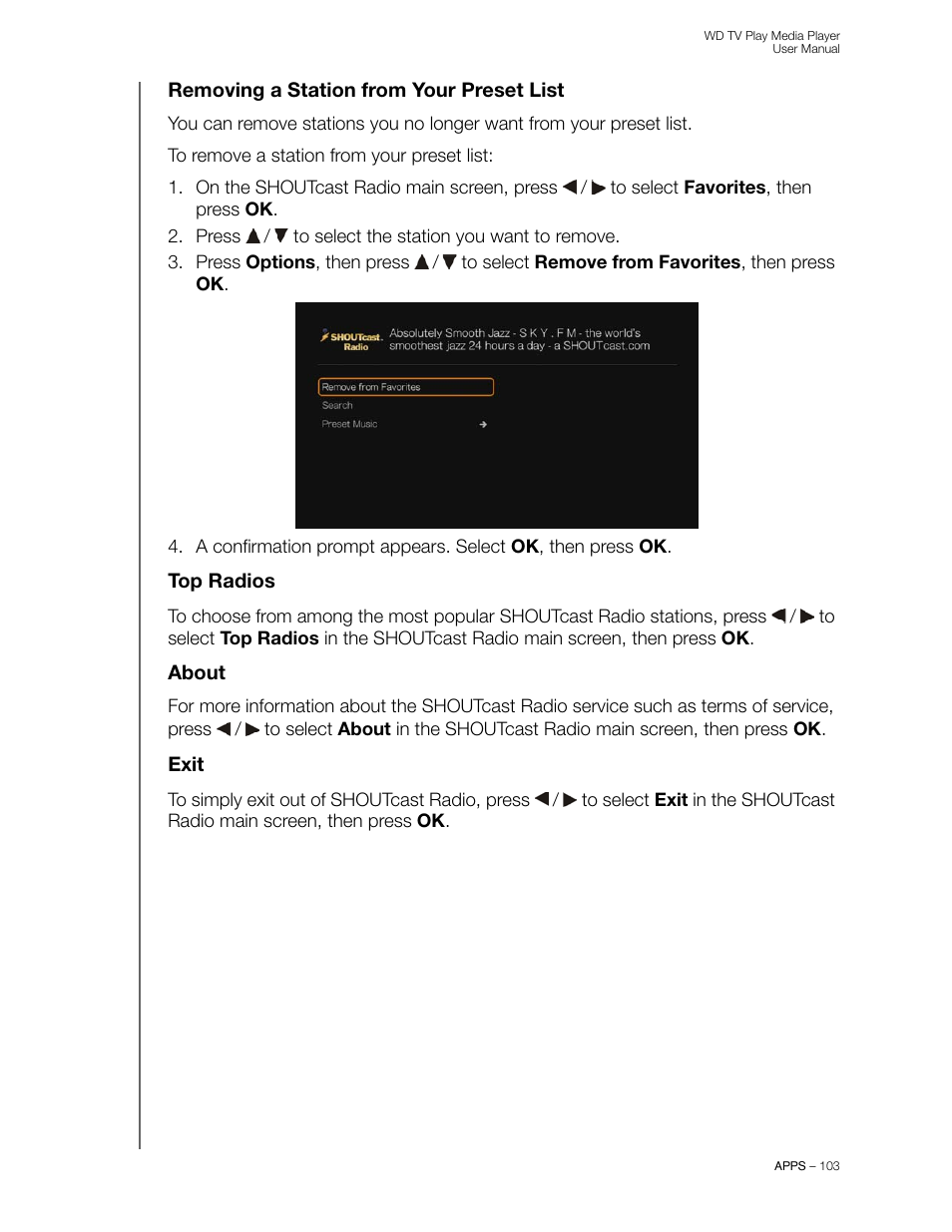 Removing a station from your preset list, Top radios, About | Exit | Western Digital WD TV Play Media Player User Manual User Manual | Page 108 / 171