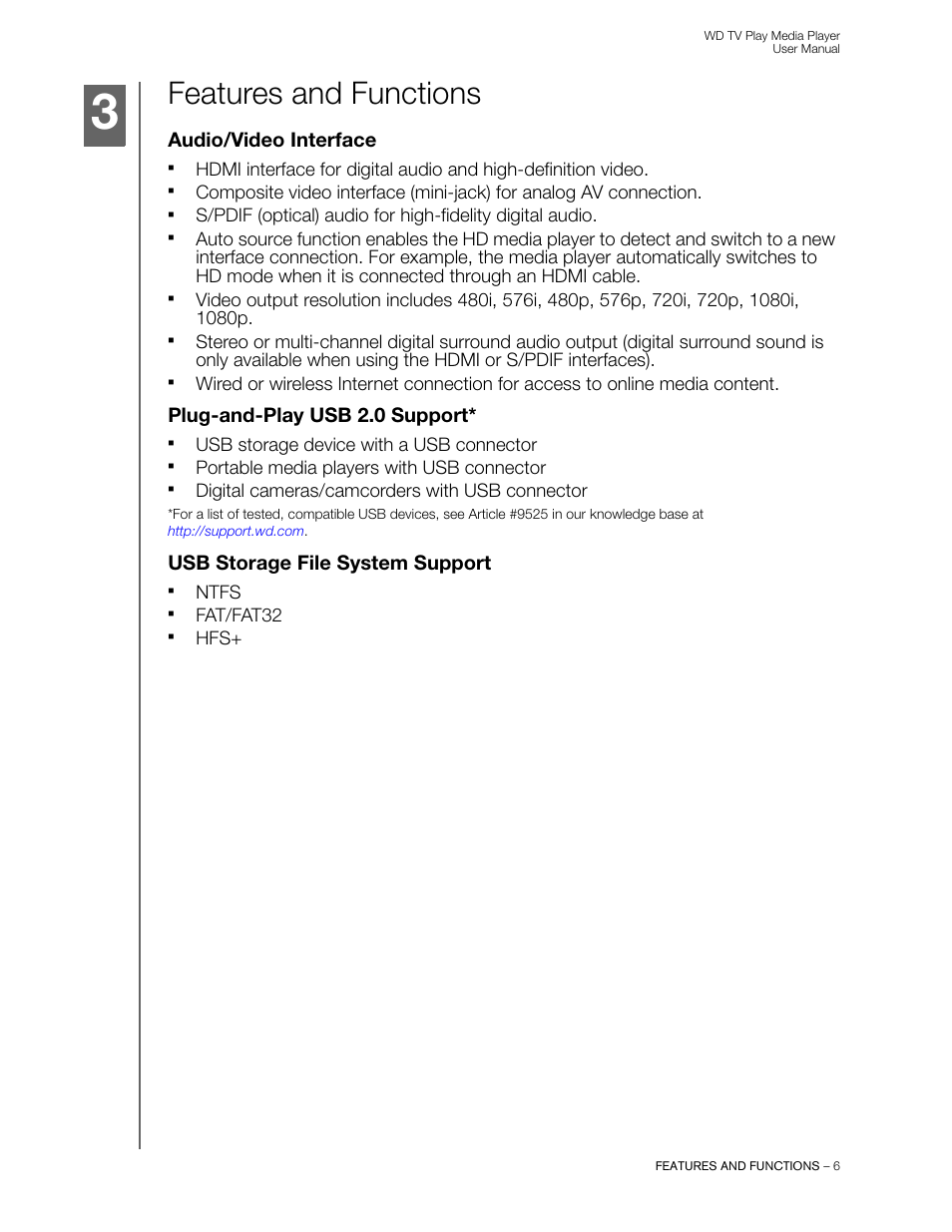 Features and functions, Audio/video interface, Plug-and-play usb 2.0 support | Usb storage file system support | Western Digital WD TV Play Media Player User Manual User Manual | Page 11 / 171