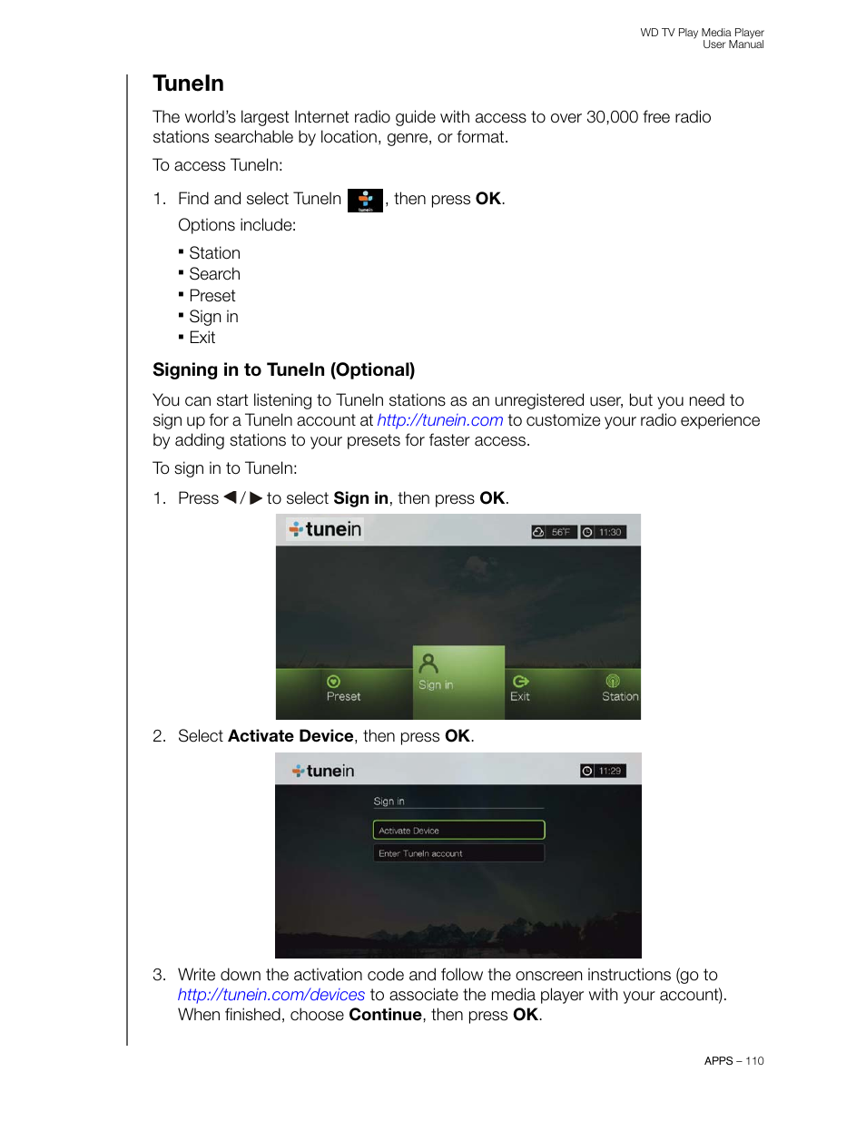 Tunein, Signing in to tunein (optional) | Western Digital WD TV Play Media Player User Manual User Manual | Page 115 / 171